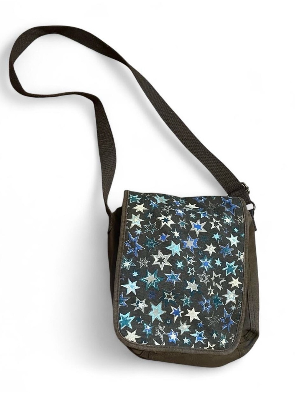 Y2K BONGO Star-Print Crossbody Bag in Brown with Blue Accents